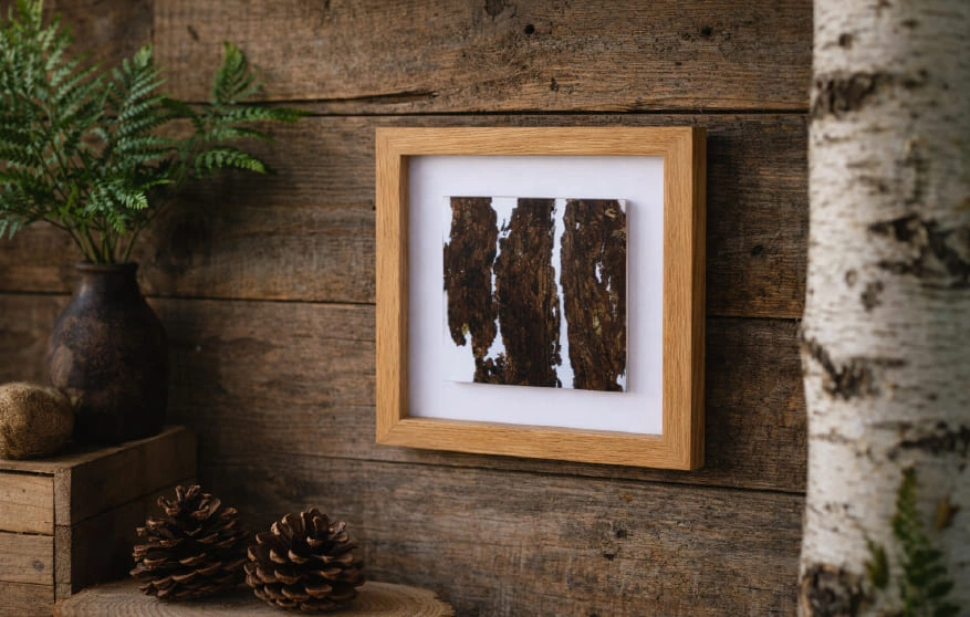 Tableau 25cm r&eacute;sine epoxy inclusion &eacute;corce naturelle cadre en ch&ecirc;ne